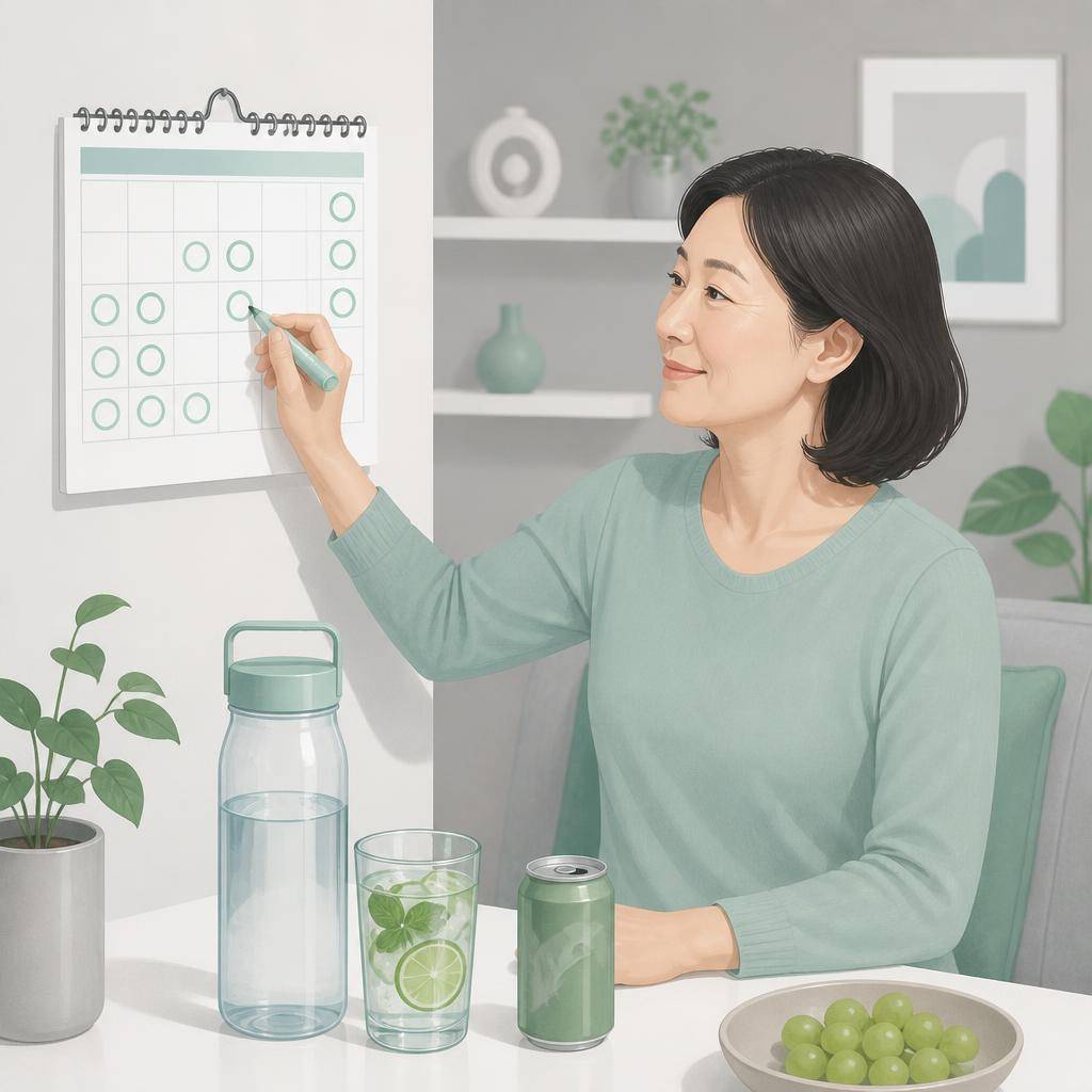 술을 줄이려는 중년 여성이 달력에 음주 없는 날을 표시하고 물병과 논알코올 음료를 준비하는