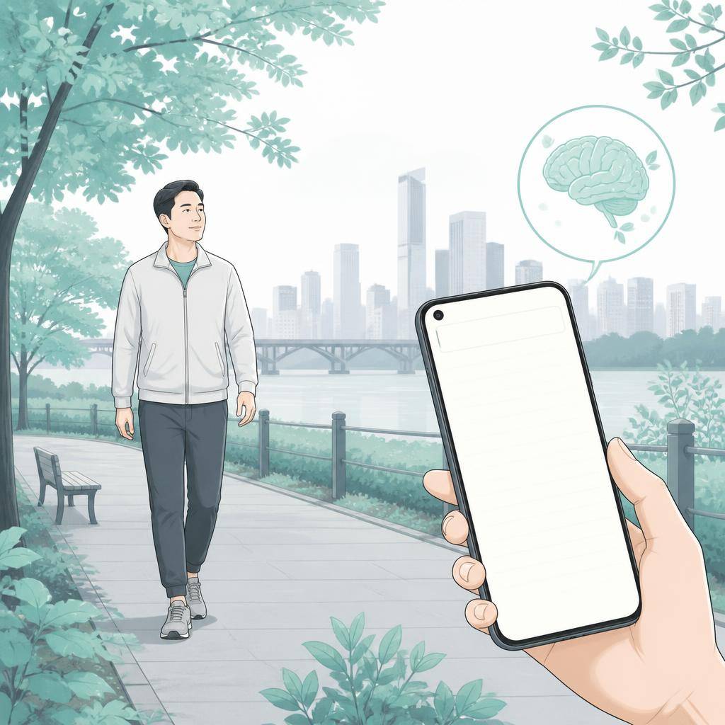 아침 공원에서 가볍게 걷는 한국인 성인과 휴대폰 메모 화면, 주변에 민트색 나뭇잎과 회색 
