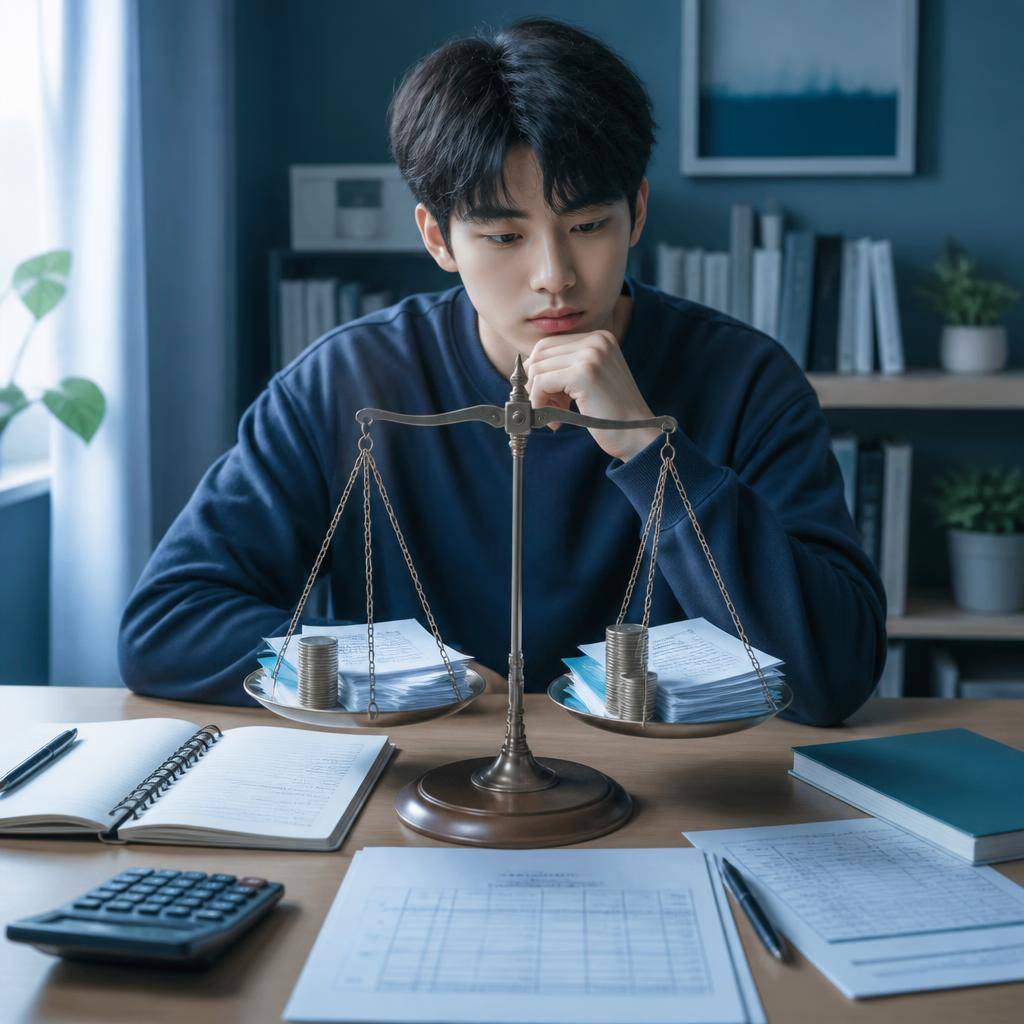 한국의 취업준비생이 졸업유예와 졸업 중 하나를 선택하기 위해 양쪽 저울에 등록금, 월급, 
