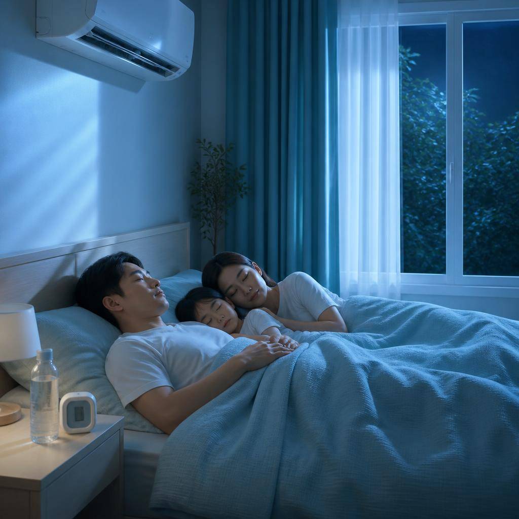 열대야 침실 안전관리 장면, 에어컨 바람은 벽을 향하고 침대 옆 물병과 온도계가 놓여 있으